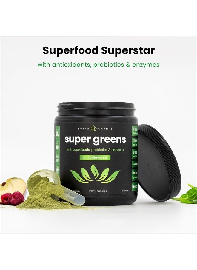 NutraChamps - Super Greens Powder Premium Superfood | 20+ Organic Green Veggie Whole Foods | Wheat Grass, Spirulina, Chlorella | Antioxidant, Digestive Enzyme & Probiotic Blends (9.0 Oz, Unflavoured) - Image 1