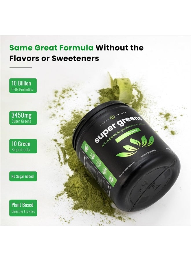 NutraChamps - Super Greens Powder Premium Superfood | 20+ Organic Green Veggie Whole Foods | Wheat Grass, Spirulina, Chlorella | Antioxidant, Digestive Enzyme & Probiotic Blends (9.0 Oz, Unflavoured) - Image 1