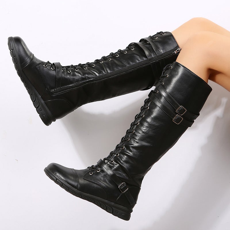 Large Size Knight Boots Low Heel Flats Bottom Round Toe Cross Shoelace Boots High Boots - Image 5