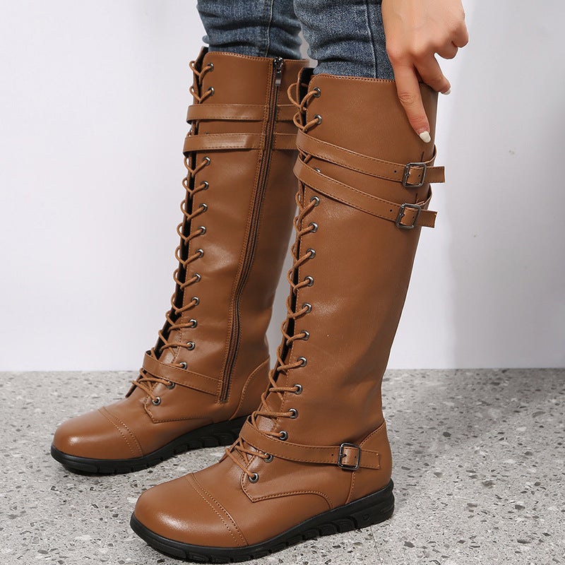 Large Size Knight Boots Low Heel Flats Bottom Round Toe Cross Shoelace Boots High Boots - Image 3