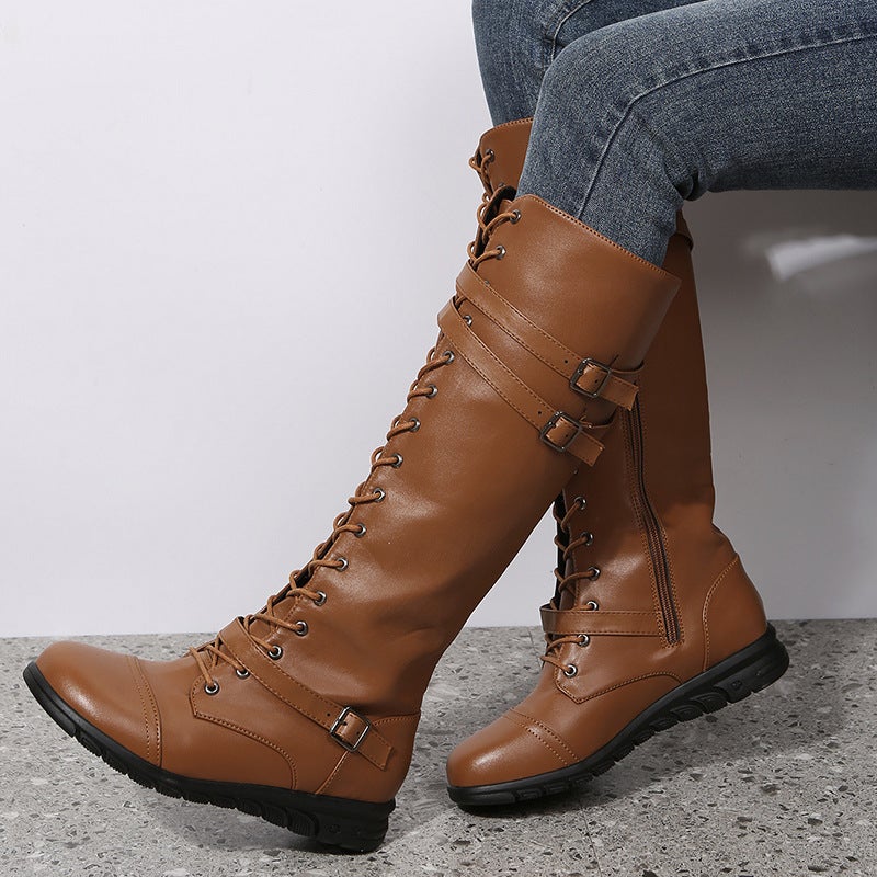 Large Size Knight Boots Low Heel Flats Bottom Round Toe Cross Shoelace Boots High Boots - Image 4