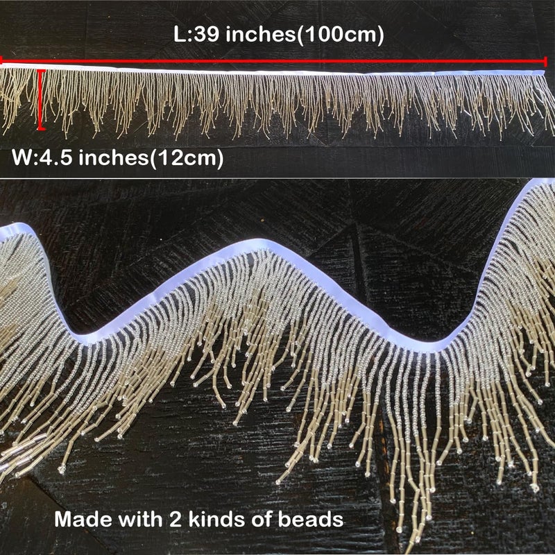 Labellezalady Silver Beads Fringe Trim Beads Fringe Belt Glass Beaded Fringe Trim Ribbon Tassel Chain for Clothing Accessories DIY Decoration - Image 2