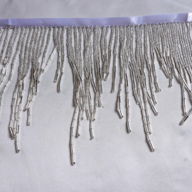Labellezalady Silver Beads Fringe Trim Beads Fringe Belt Glass Beaded Fringe Trim Ribbon Tassel Chain for Clothing Accessories DIY Decoration - Image 5