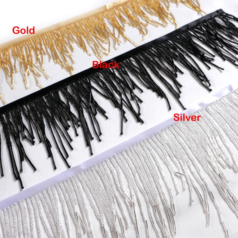 Labellezalady Silver Beads Fringe Trim Beads Fringe Belt Glass Beaded Fringe Trim Ribbon Tassel Chain for Clothing Accessories DIY Decoration - Image 4