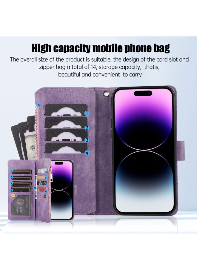 For Iphone16ProMax Phone Case For Samsung S25U Card Protection Leather Case For A52 Hand Rope Bracket Wallet-Color:384 Purple-Applicable Model:For Iphone6Plus/7Plus/8Plus