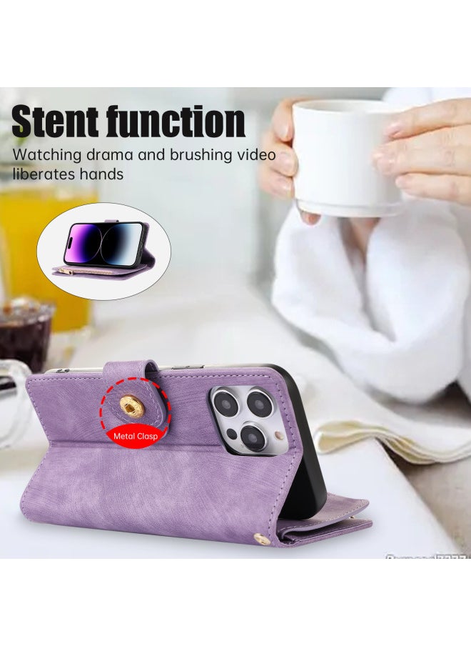 For Iphone16ProMax Phone Case For Samsung S25U Card Protection Leather Case For A52 Hand Rope Bracket Wallet-Color:384 Purple-Applicable Model:For Iphone6Plus/7Plus/8Plus