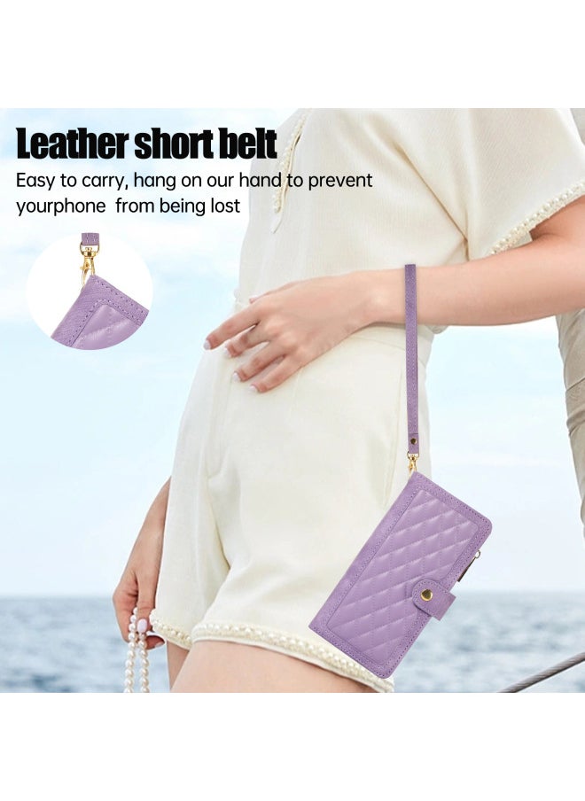 For Iphone16ProMax Phone Case For Samsung S25U Card Protection Leather Case For A52 Hand Rope Bracket Wallet-Color:384 Purple-Applicable Model:For Iphone6Plus/7Plus/8Plus
