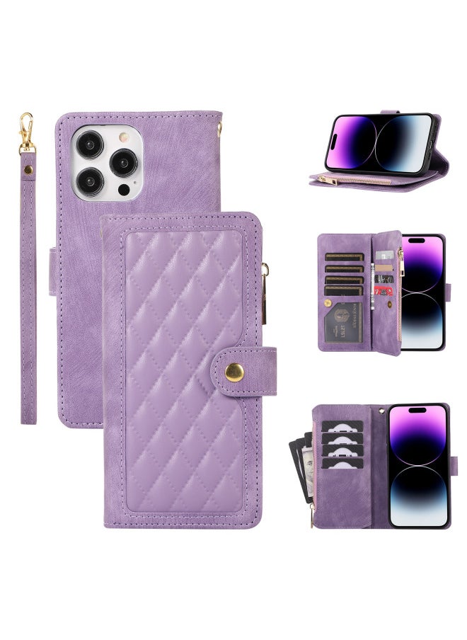 For Iphone16ProMax Phone Case For Samsung S25U Card Protection Leather Case For A52 Hand Rope Bracket Wallet-Color:384 Purple-Applicable Model:For Iphone6Plus/7Plus/8Plus