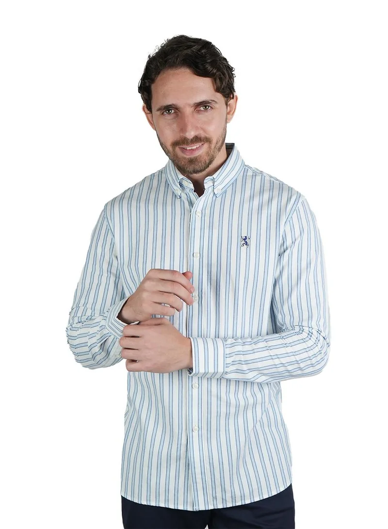 GIORDANO Men's Cotton Oxford Shirt - Small Lion Embroidery, Slim Fit, Full Button