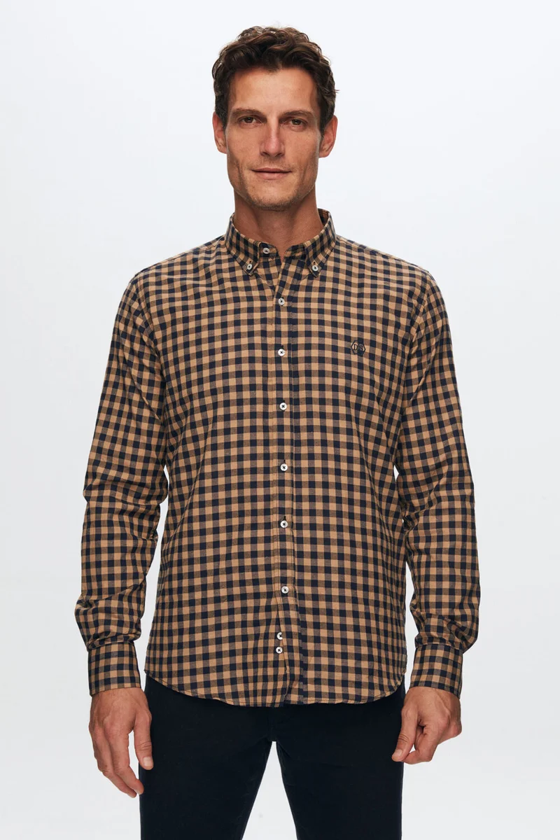 دي أس دامات D'S Groom Slim Fit Camel Plaid Checkered Shirt 7HC02ORT09265
