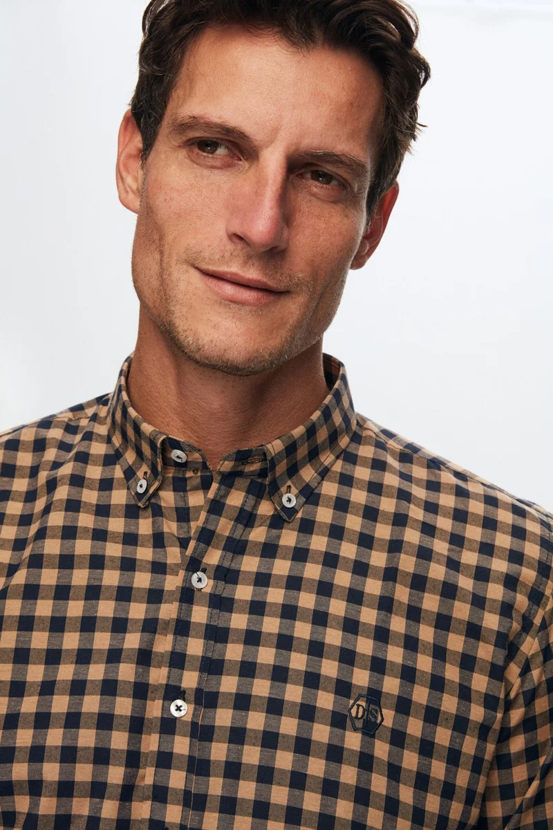 دي أس دامات D'S Groom Slim Fit Camel Plaid Checkered Shirt 7HC02ORT09265