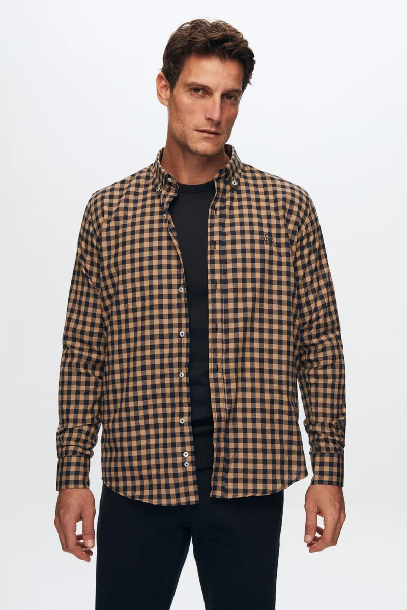 دي أس دامات D'S Groom Slim Fit Camel Plaid Checkered Shirt 7HC02ORT09265