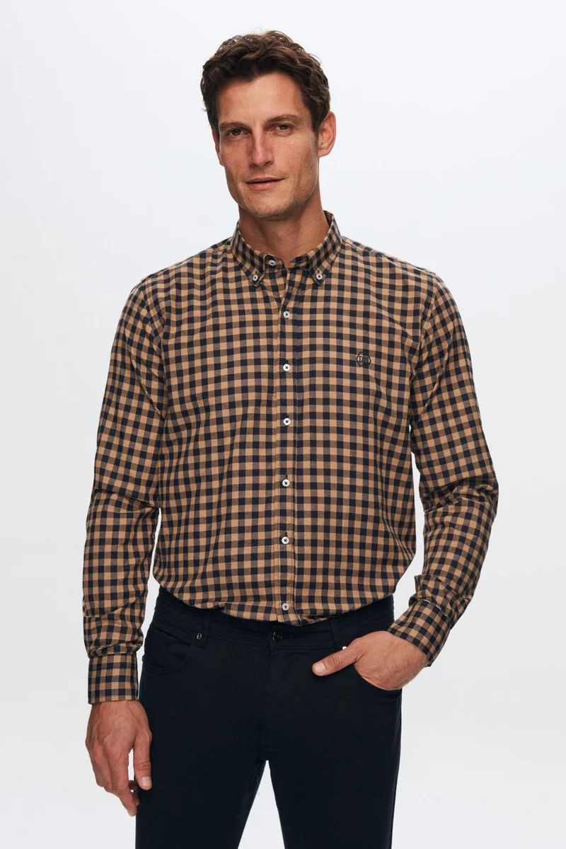 دي أس دامات D'S Groom Slim Fit Camel Plaid Checkered Shirt 7HC02ORT09265