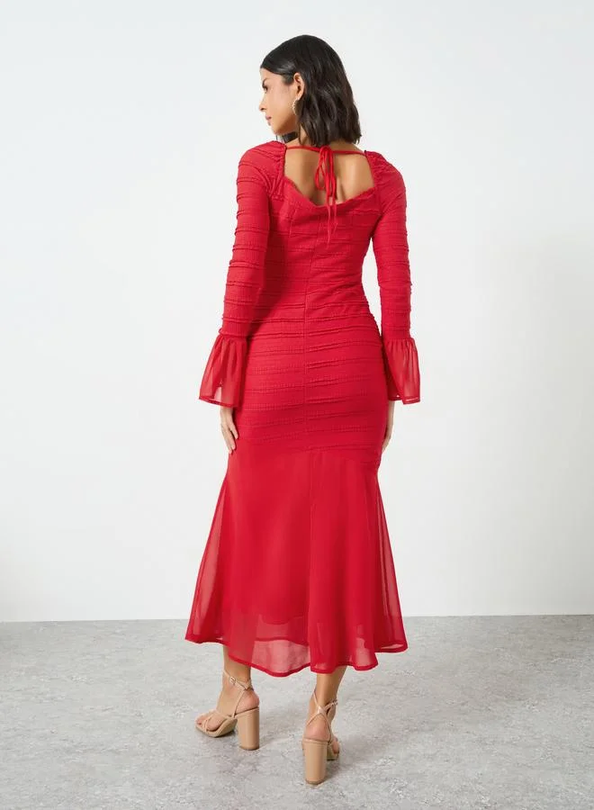 Styli  Styli Red Textured Sweetheart Neck Midi Dress for Women | Best Price UAE