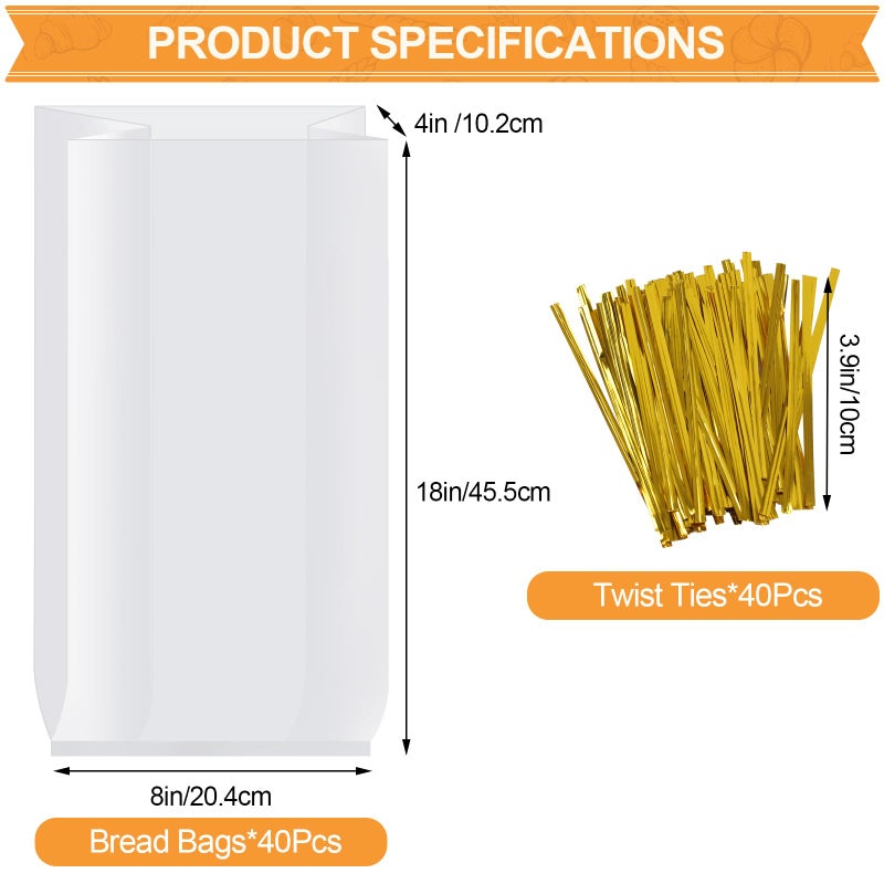 vivinin 70 Pack Bread Bags & 100 Pack Ties, 8" x 4" x 18" Clear Bread Bags for Homemade Bread, Reusable Plastic Bread Storage Bags for Bakers, Bakery Owners - Image 2
