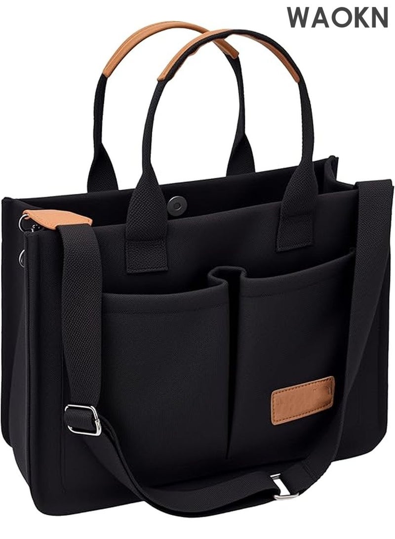 WAOKN Large Canvas Tote Bag for Women with Multiple Compartments - Spacious Work Laptop Bag - Stylish Crossbody Purse & Book Bag - Water-Resistant Satchel Handbag for Office/Travel/School (Black) - Image 1