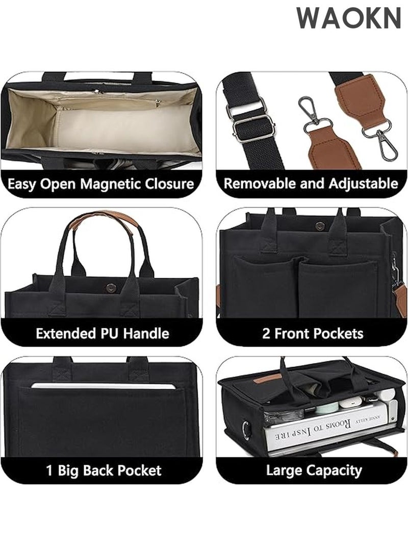 WAOKN Large Canvas Tote Bag for Women with Multiple Compartments - Spacious Work Laptop Bag - Stylish Crossbody Purse & Book Bag - Water-Resistant Satchel Handbag for Office/Travel/School (Black) - Image 3