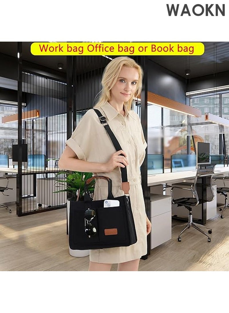 WAOKN Large Canvas Tote Bag for Women with Multiple Compartments - Spacious Work Laptop Bag - Stylish Crossbody Purse & Book Bag - Water-Resistant Satchel Handbag for Office/Travel/School (Black) - Image 5