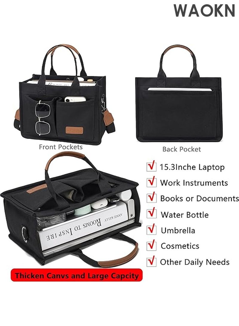 WAOKN Large Canvas Tote Bag for Women with Multiple Compartments - Spacious Work Laptop Bag - Stylish Crossbody Purse & Book Bag - Water-Resistant Satchel Handbag for Office/Travel/School (Black) - Image 2