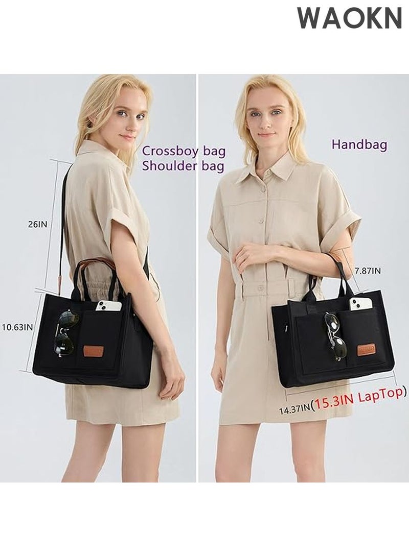 WAOKN Large Canvas Tote Bag for Women with Multiple Compartments - Spacious Work Laptop Bag - Stylish Crossbody Purse & Book Bag - Water-Resistant Satchel Handbag for Office/Travel/School (Black) - Image 4