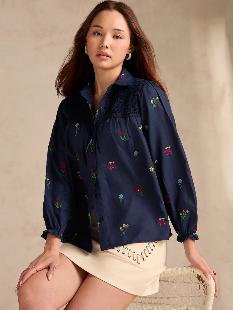 OUTZIDR Navy Blue All-over Embroidered Blouse With Smocked Yoke Detail
