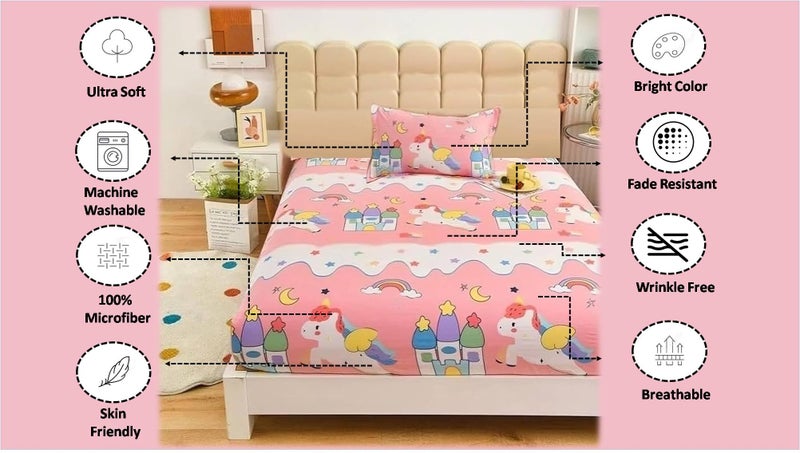 Filymore Kids Star Unicorn Single Bedsheet Set - Microfiber240 TC (90x60 inches) with Pillow Cover (17X27 inches) - Peach and White - Image 3