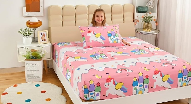 Filymore Kids Star Unicorn Single Bedsheet Set - Microfiber240 TC (90x60 inches) with Pillow Cover (17X27 inches) - Peach and White - Image 5