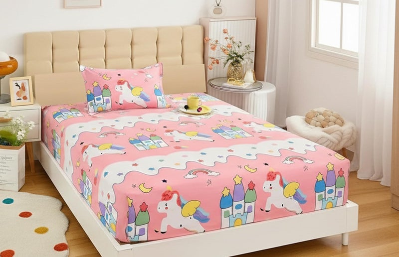 Filymore Kids Star Unicorn Single Bedsheet Set - Microfiber240 TC (90x60 inches) with Pillow Cover (17X27 inches) - Peach and White - Image 2