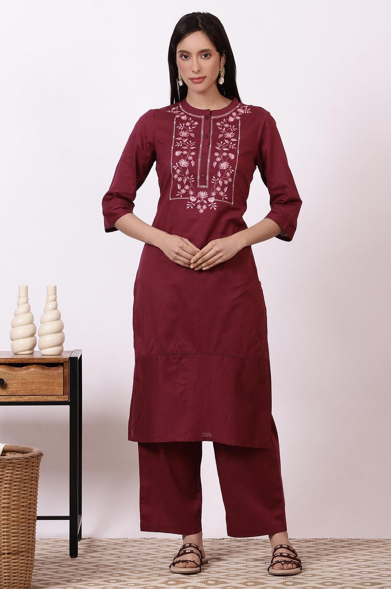 Aurelia Women's Maroon Embroidered Yoke Pure Cotton Straight Kurta and Pants Set (Size: L)-ASST15025-221943 - Image 2
