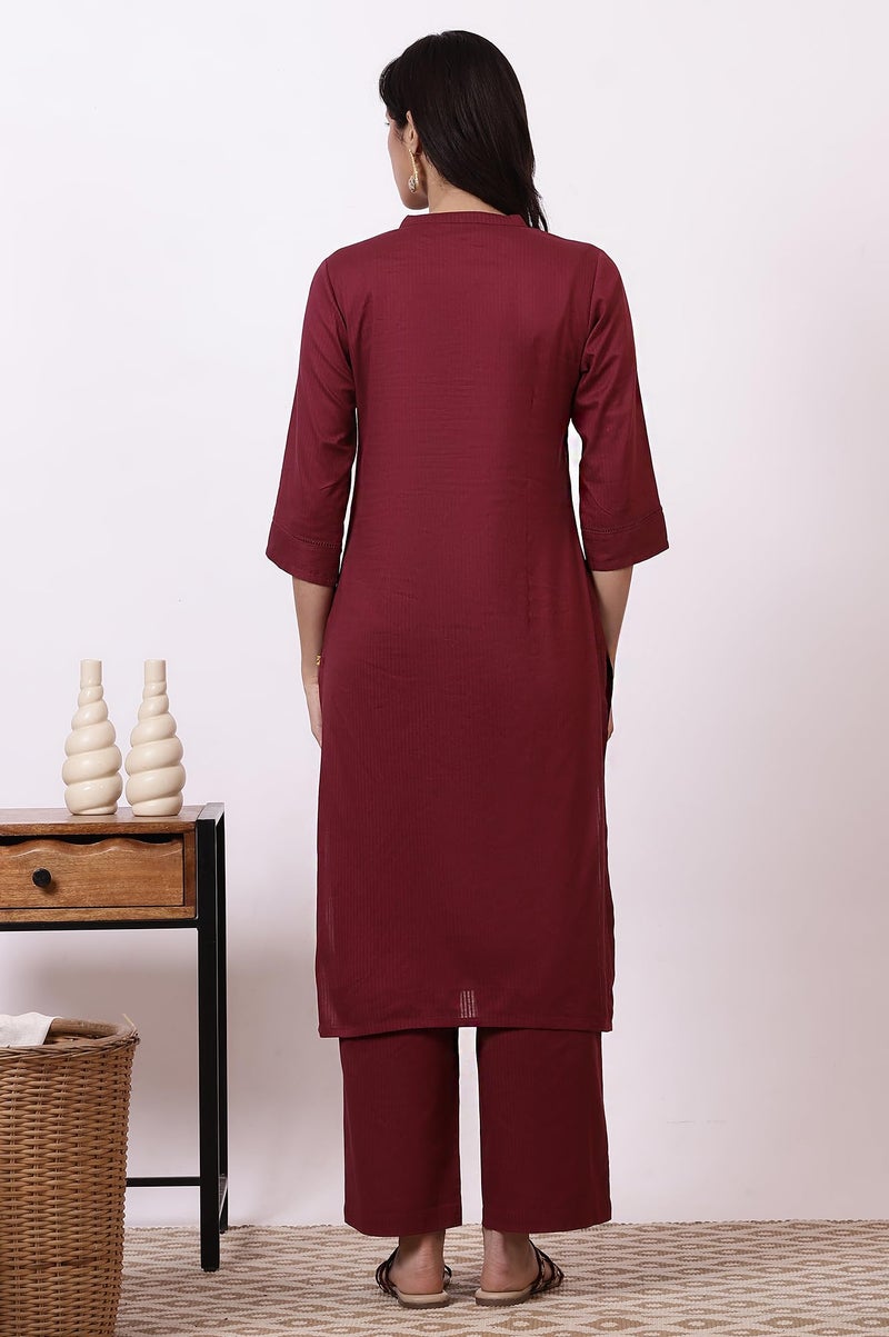 Aurelia Women's Maroon Embroidered Yoke Pure Cotton Straight Kurta and Pants Set (Size: L)-ASST15025-221943 - Image 5