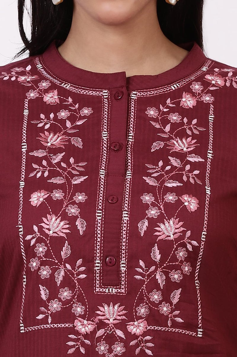 Aurelia Women's Maroon Embroidered Yoke Pure Cotton Straight Kurta and Pants Set (Size: L)-ASST15025-221943 - Image 3