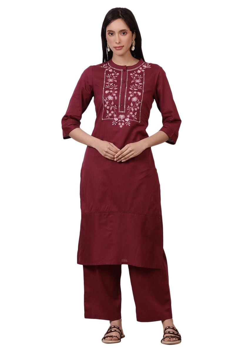 Aurelia Women's Maroon Embroidered Yoke Pure Cotton Straight Kurta and Pants Set (Size: L)-ASST15025-221943 - Image 1
