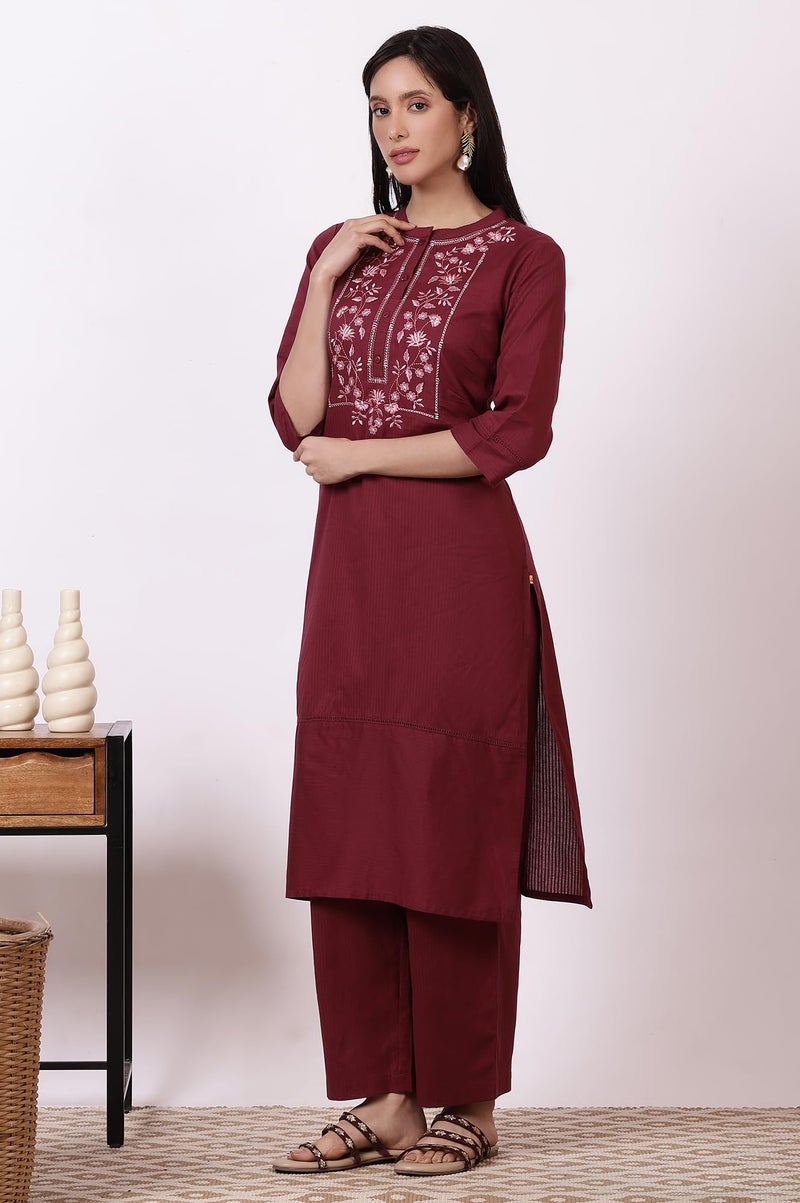 Aurelia Women's Maroon Embroidered Yoke Pure Cotton Straight Kurta and Pants Set (Size: L)-ASST15025-221943 - Image 4