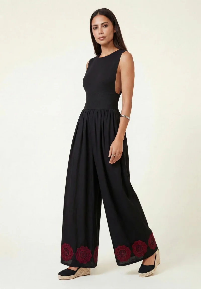 رافاي Vanessa Wide Leg Embroidered Jumpsuit In Black