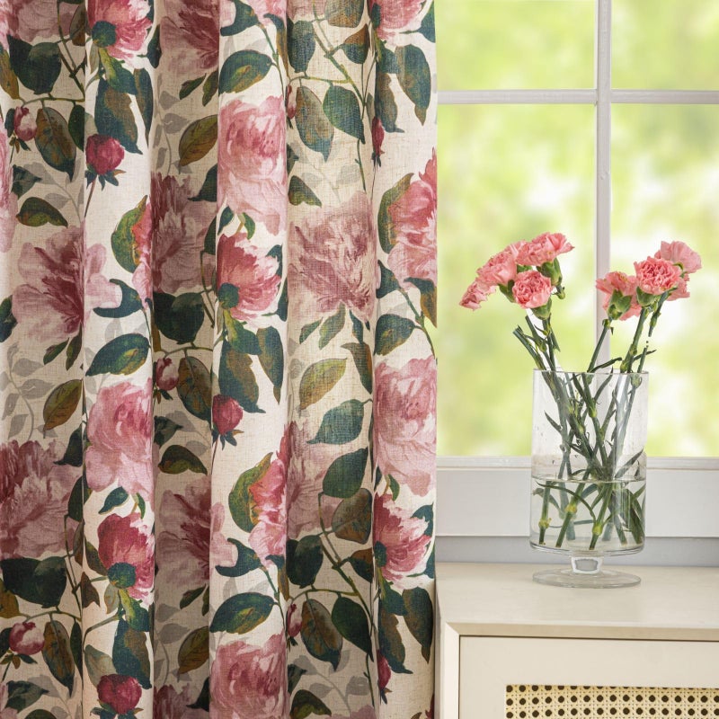 ALIGOGO Flower Curtains 54 Inch Length - Cottage Linen Pink Vintage Curtains for Bedroom Dormer Window, Whimsical Grommet Privacy Semi-Blackout Patternnd Drapes 2 Panels, 50 x 54 Inch, Pink - Image 1
