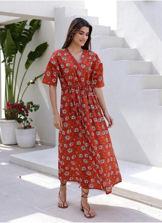 sanskrutihomes Floral Print V-Neck Cotton Midi Dress with Drawstring by Styli  - Image 1