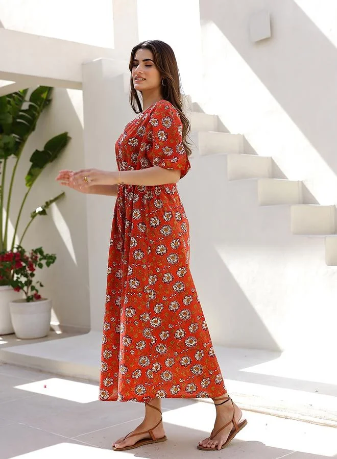 sanskrutihomes sanskrutihomes Floral Print V-Neck Cotton Midi Dress with Drawstring