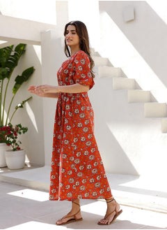 sanskrutihomes Floral Print V-Neck Cotton Midi Dress with Drawstring by Styli  - Image 2