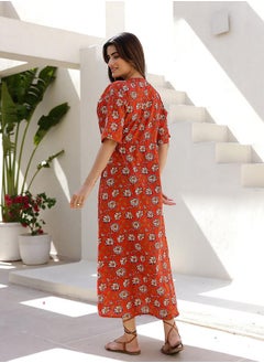 sanskrutihomes Floral Print V-Neck Cotton Midi Dress with Drawstring by Styli  - Image 3