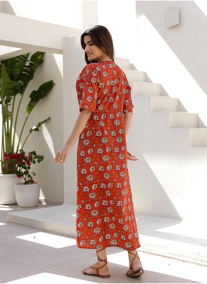 sanskrutihomes Floral Print V-Neck Cotton Midi Dress with Drawstring by Styli  - Image 3