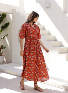 sanskrutihomes Floral Print V-Neck Cotton Midi Dress with Drawstring by Styli  - Image 4