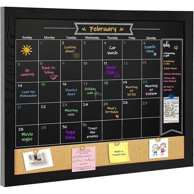 TORASO Magnetic Chalkboard Calendar Corkboard, Small Combination Chalk Board Bulletin Board, 13 x 17,Black Wood Framed Blackboard Calendar Cork Combo Board(ZHHB-BK-3343) - Image 1