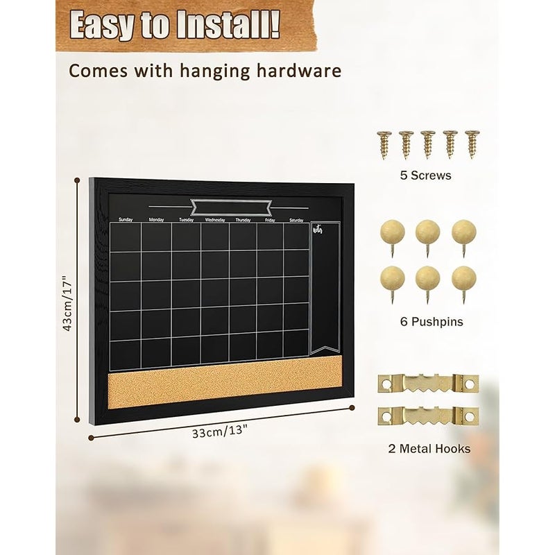 TORASO Magnetic Chalkboard Calendar Corkboard, Small Combination Chalk Board Bulletin Board, 13 x 17,Black Wood Framed Blackboard Calendar Cork Combo Board(ZHHB-BK-3343) - Image 2