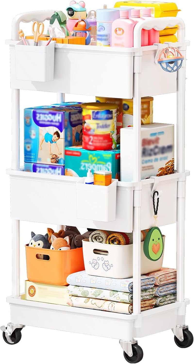 SUNALLY 3 Tier Rolling Baby Diaper Caddy Cart with Lockable Wheels - White - Image 1