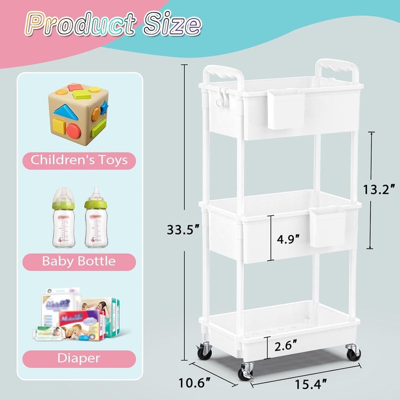 SUNALLY 3 Tier Rolling Baby Diaper Caddy Cart with Lockable Wheels - White - Image 2