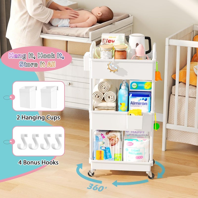 SUNALLY 3 Tier Rolling Baby Diaper Caddy Cart with Lockable Wheels - White - Image 4