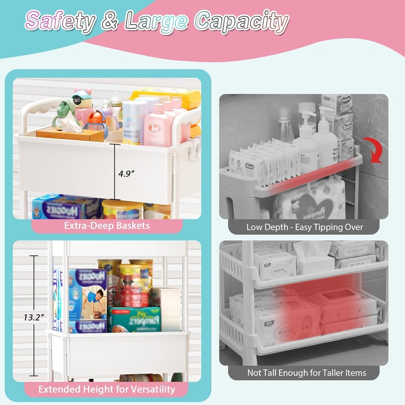 SUNALLY 3 Tier Rolling Baby Diaper Caddy Cart with Lockable Wheels - White - Image 3
