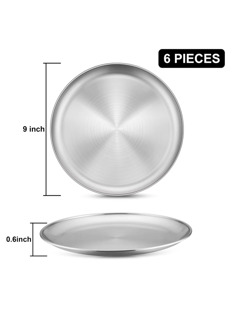 6 Piece Stainless Steel Plates, 9" (Approx. 22.9cm) Durability Dinner Plate, Metal 304 Round Dessert Feeding Serving Salad Pizza Tray for Picnic Camping, Reusable, Dishwasher Safe  - Image 3