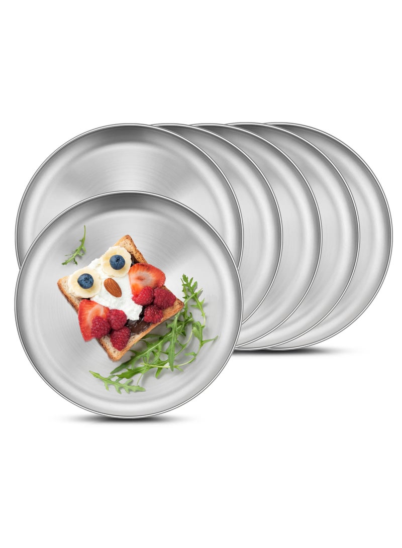 6 Piece Stainless Steel Plates, 9" (Approx. 22.9cm) Durability Dinner Plate, Metal 304 Round Dessert Feeding Serving Salad Pizza Tray for Picnic Camping, Reusable, Dishwasher Safe  - Image 1