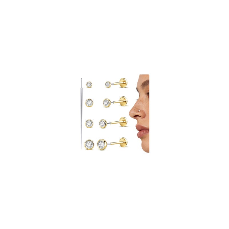 GEMQUEEN G23 Titanium Flat Back Earrings Hypoallergenic : 14K Gold Plated Threadless Bezel Earring 16G Cartilage Helix Tragus Conch Piercing Jewelry Small Nose Lip Labret Studs for Women Men 4 Pairs - Image 1